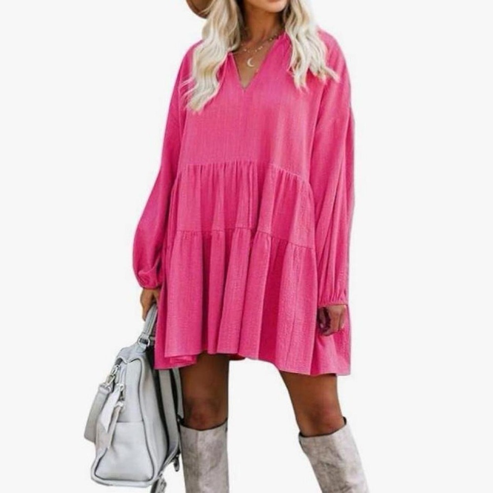 FANCYINN Women's Shift Tunic Dress for Women Ruffle Swing Babydoll Mini Dress